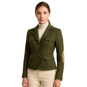 Harvé Bernard Vintage Olive Wool Plaid Patch Blazer Jacket Size 6 EUC